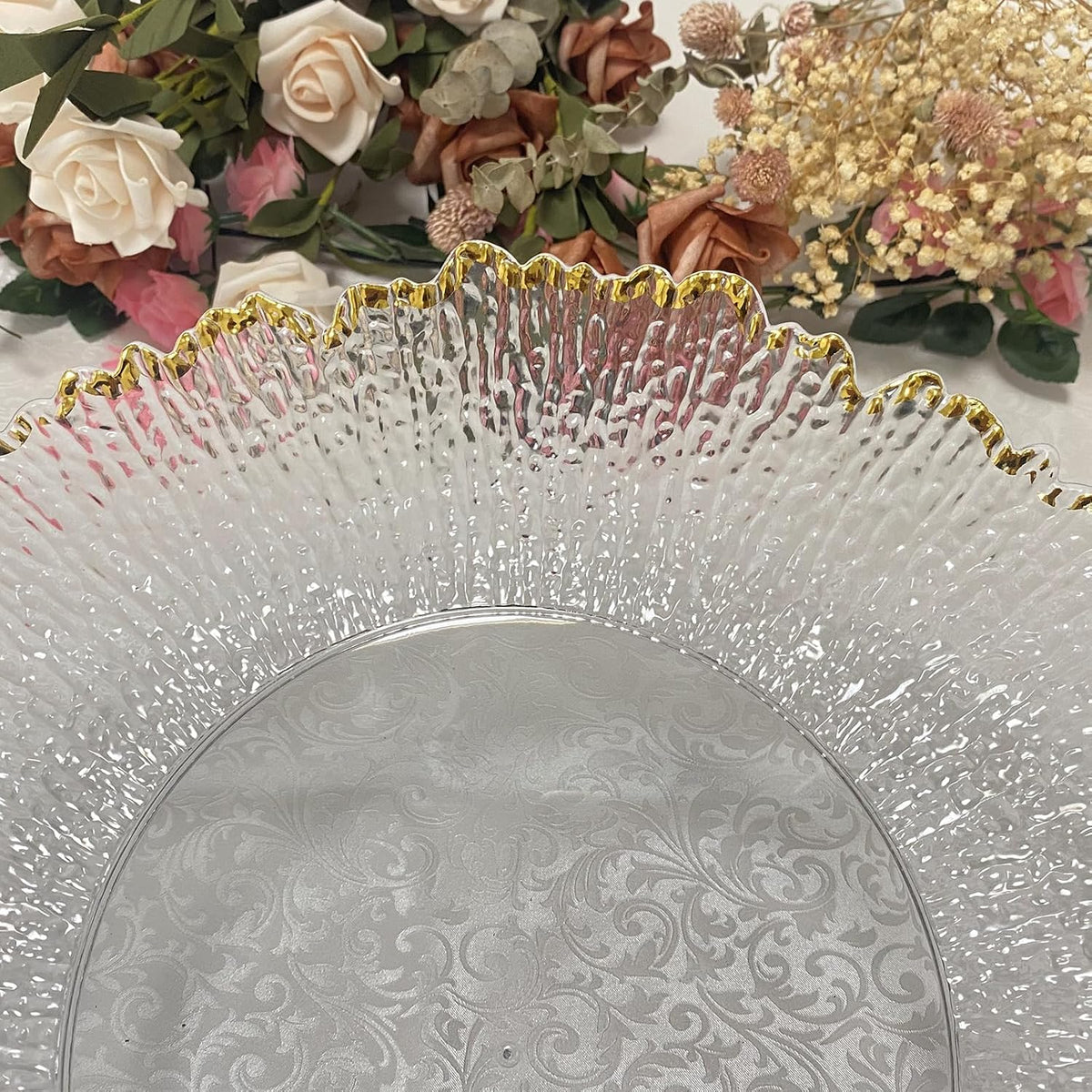 PLATOS BASE ESTILO TRANSPARENTE ORILLA DORADA 🌟