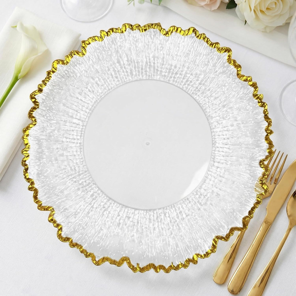 PLATOS BASE ESTILO TRANSPARENTE ORILLA DORADA 🌟