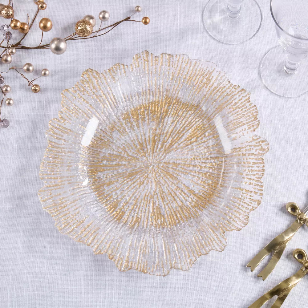 PLATO BASE TRANSPARENTE MANCHAS DORADAS🍽️✨