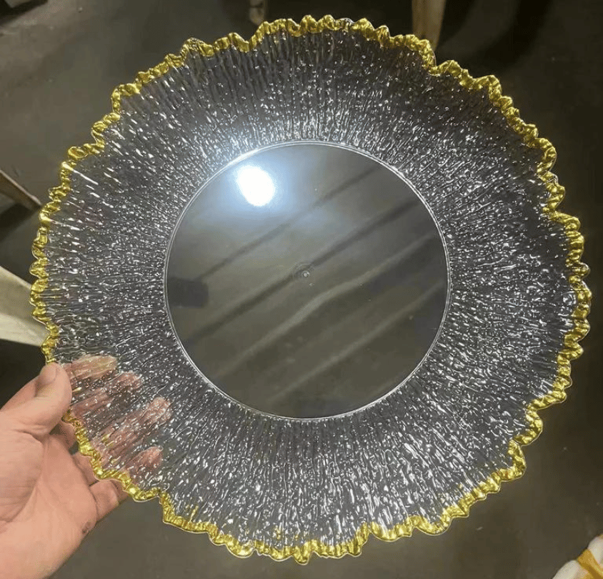 PLATOS BASE ESTILO TRANSPARENTE ORILLA DORADA 🌟