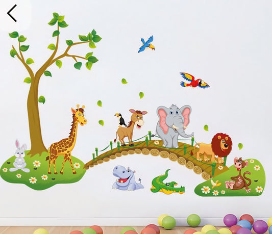 Sticker Decorativo Infantil – Animales en el Puente 🦒🦁🐘🌳