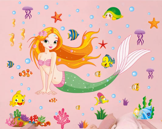 Sticker decorativo infantil - Sirena y mundo marino 🧜‍♀️🐟
