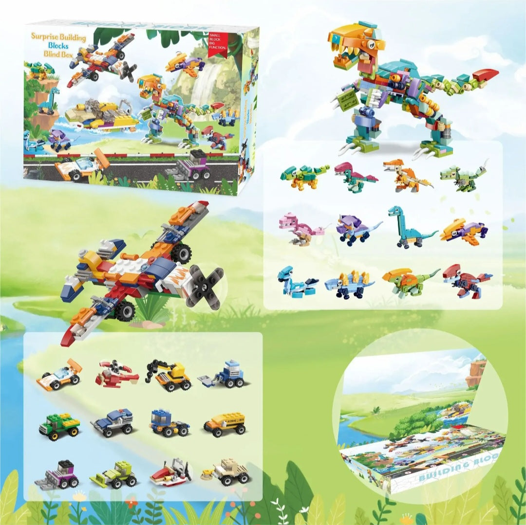 🦖🚗 Caja Sorpresa de Bloques de Construcción – Dinosaurios y Vehículos 🚗